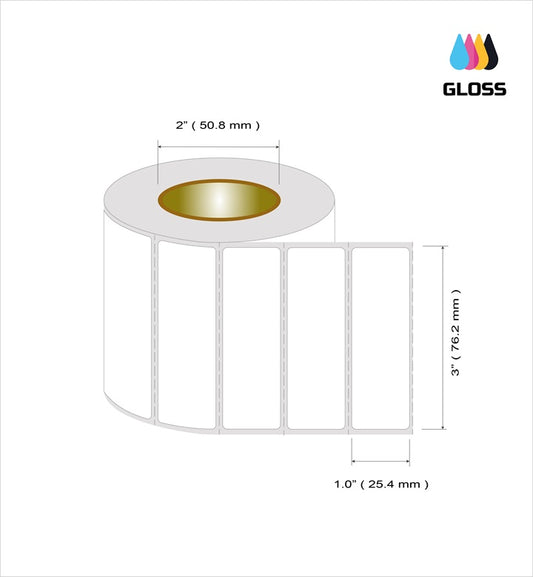 Roleti 4 Rolls Pack Labels 3" x 1” Glossy Polypropylene Inkjet Label Rolls, 1100 Labels per roll, 4400 Labels per Pack